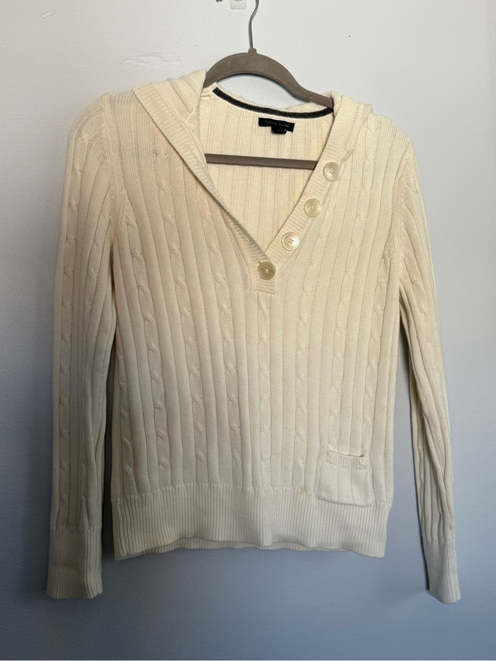White Cable-Knit Hooded Sweater with Button Placket